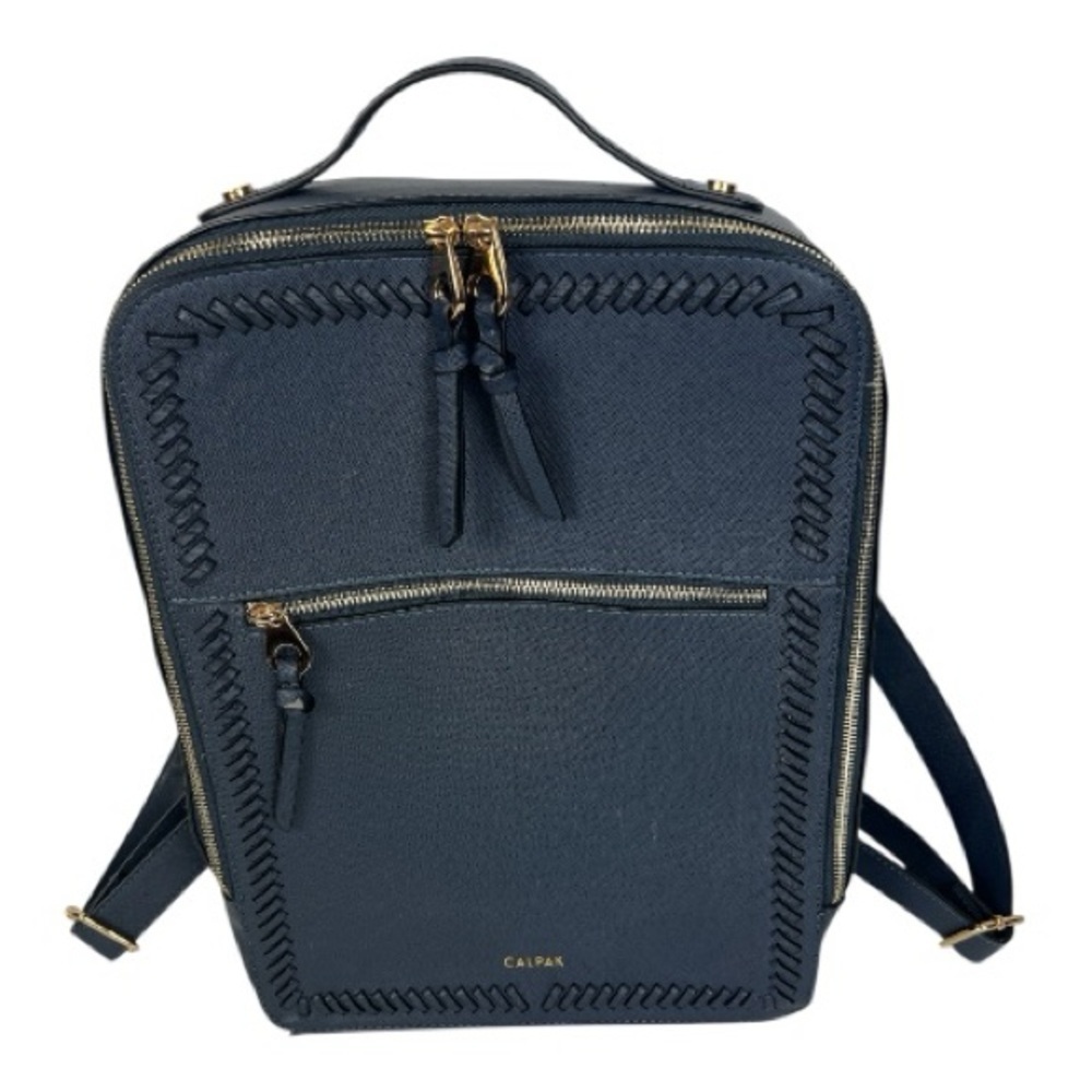 Calpak Navy Kaya Laptop Backpack 15 in. Gold Tone Trim Front Braiding Accent